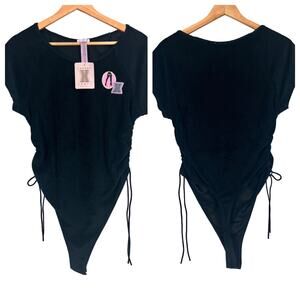 NWT SAVAGE x FENTY Women's XL Black 70s‎ Ruched Sides Terry Thong Teddy Bodysuit